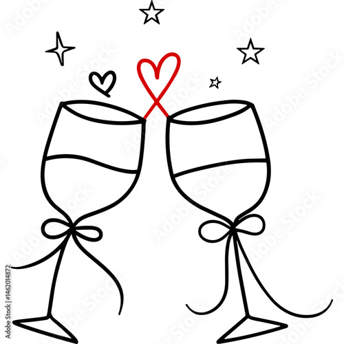 Wine glasses clinking with red heart and stars celebration vector illustration. Two wine glasses toasting with wine and love heart shape for romantic celebration design