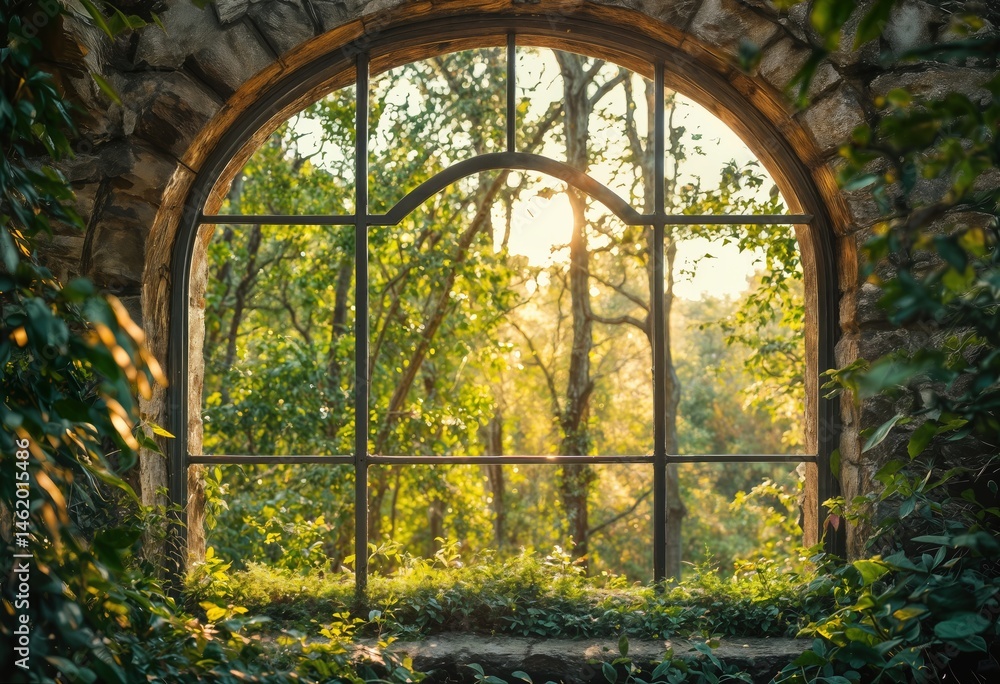 Obraz premium a weathered stone archway frames a vibrant view of a lush forest bathed in golden sunlight.