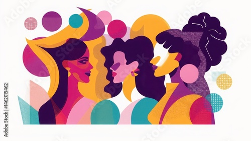 Three women in profile with abstract shapes and vibrant colors in a modern artistic illustration
