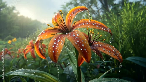 Dew-kissed orange lilies in a lush garden