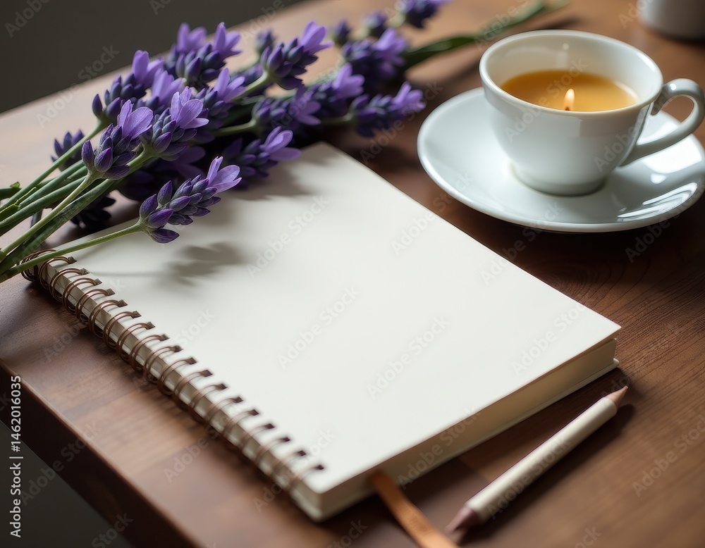 Blank Notebook with Lavender Flowers and Candle - Relaxing Cozy Atmosphere