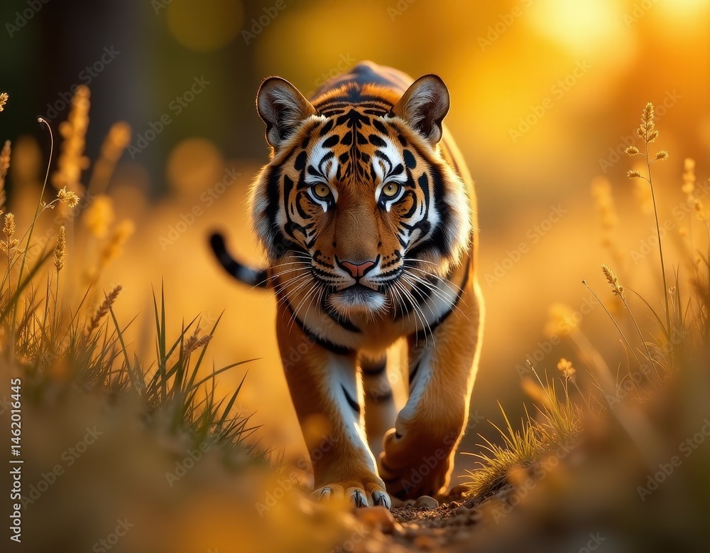 Majestic Tiger Walking Towards the Camera at Sunset
