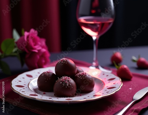 Obraz na płótnie Romantic Chocolate Truffles with Rose and Wine w salonie