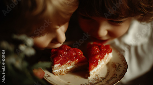 Two joyful tike sharing strawberry patty friendship celebration.