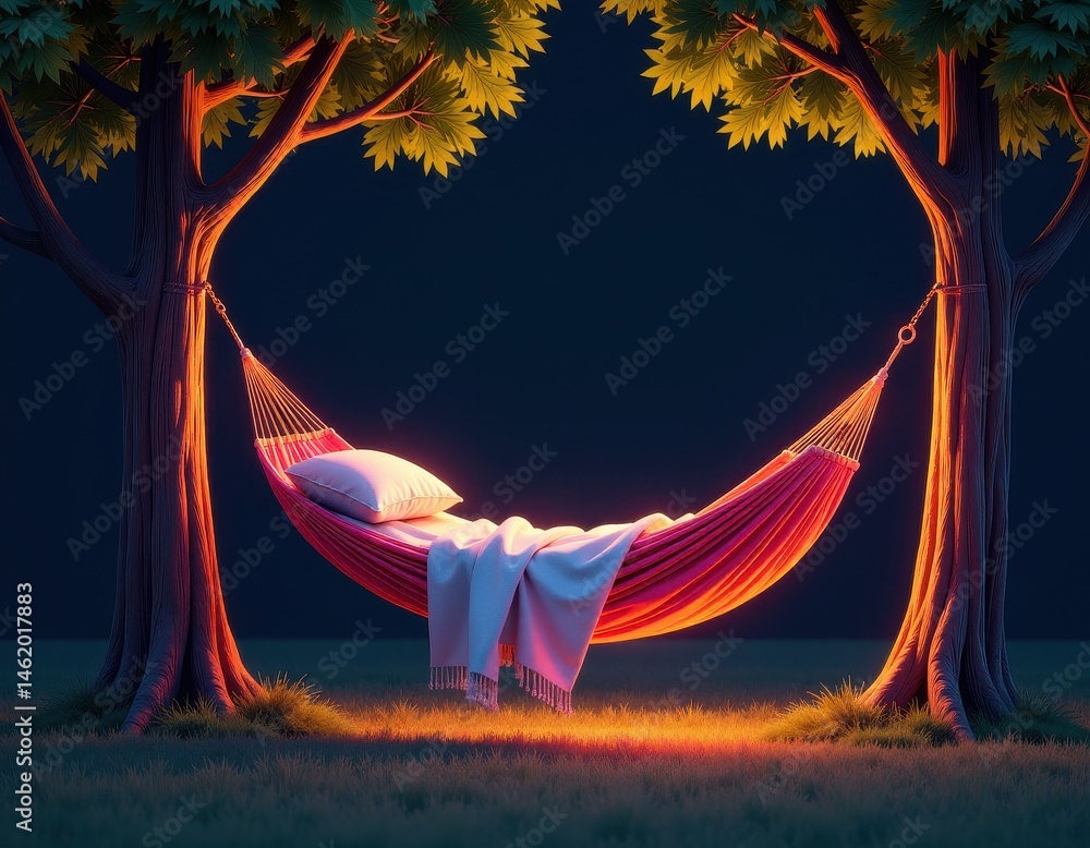 Serene Night Hammock Under Trees Relaxing Outdoor Scene.