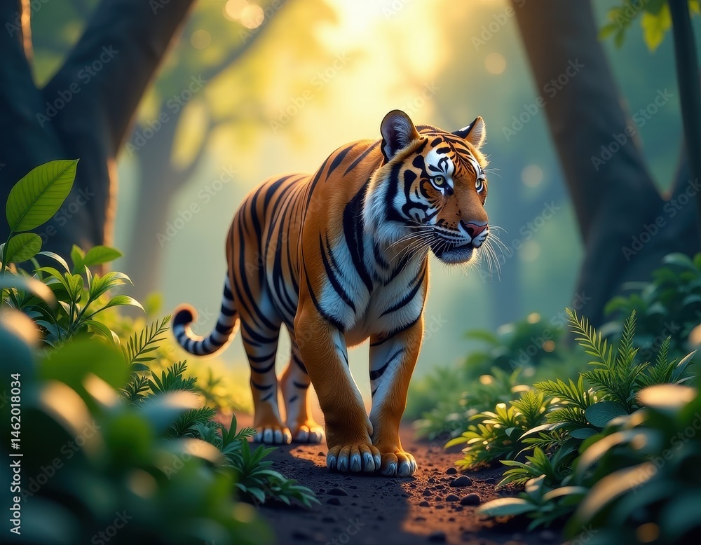 Majestic Tiger Walking Through Lush Jungle at Sunrise