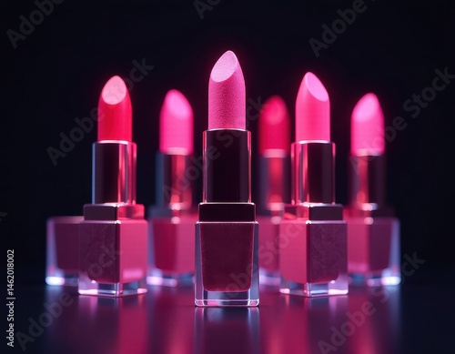 Obraz na płótnie Pink Lipstick Tubes in Neon Light - Beauty Product Photography w salonie