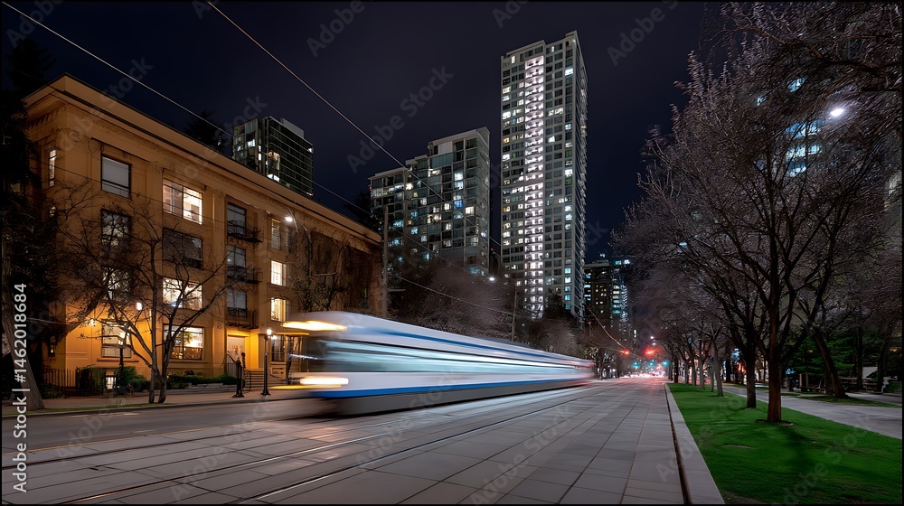 Fototapeta premium Night Tram Ride with Cityscape Lights, and Vancouver Bloom.