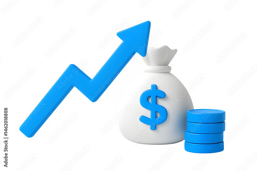 3D rendering of a money bag with a rising arrow, symbolizing financial growth. 3D rendering of a money bag with a rising arrow, symbolizing financial growth.