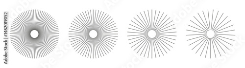 Radial circle lines. Circular black lines elements. Symbol of Sun star rays. Flat design minimal elements. Set of spokes with radiating stripes. Abstract illusion geometric shape. Graphic illustration