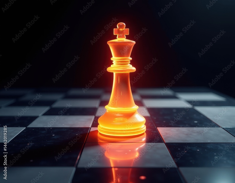 Glowing Chess King Piece on Marble Board - Strategy, Leadership, Success Concept.