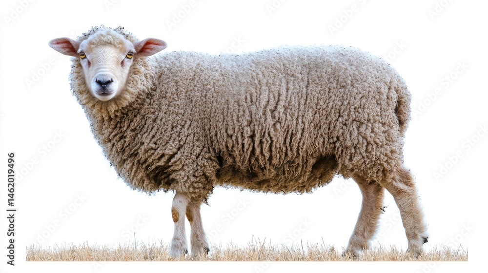 Obraz premium Fluffy Sheep Standing Gracefully on Grass Against White Background