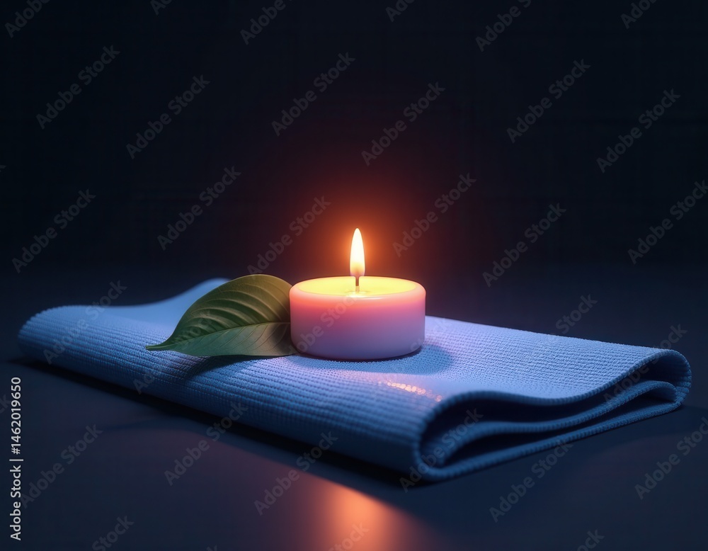 Lit Candle on Yoga Mat with Green Leaf - Spa, Wellness, Relaxation Concept.