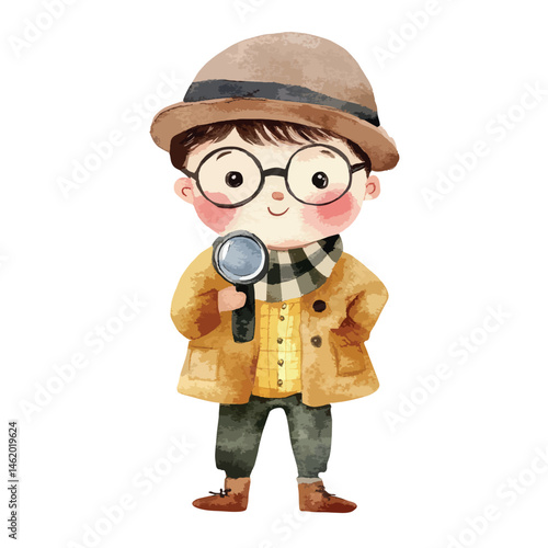 watercolor illustration of boy Detective clipart isolated