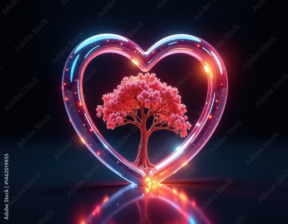 Glowing Heart-Shaped Frame Enclosing a Pink Cherry Blossom Tree.