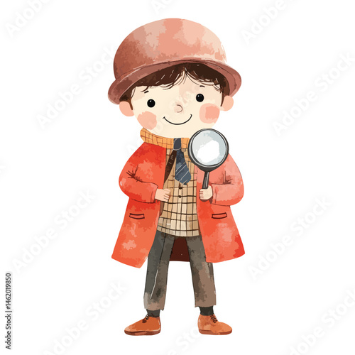 watercolor illustration of boy Detective clipart isolated