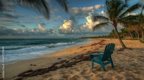 Serene Sunset Beach with Palm Trees and Adirondack Chair