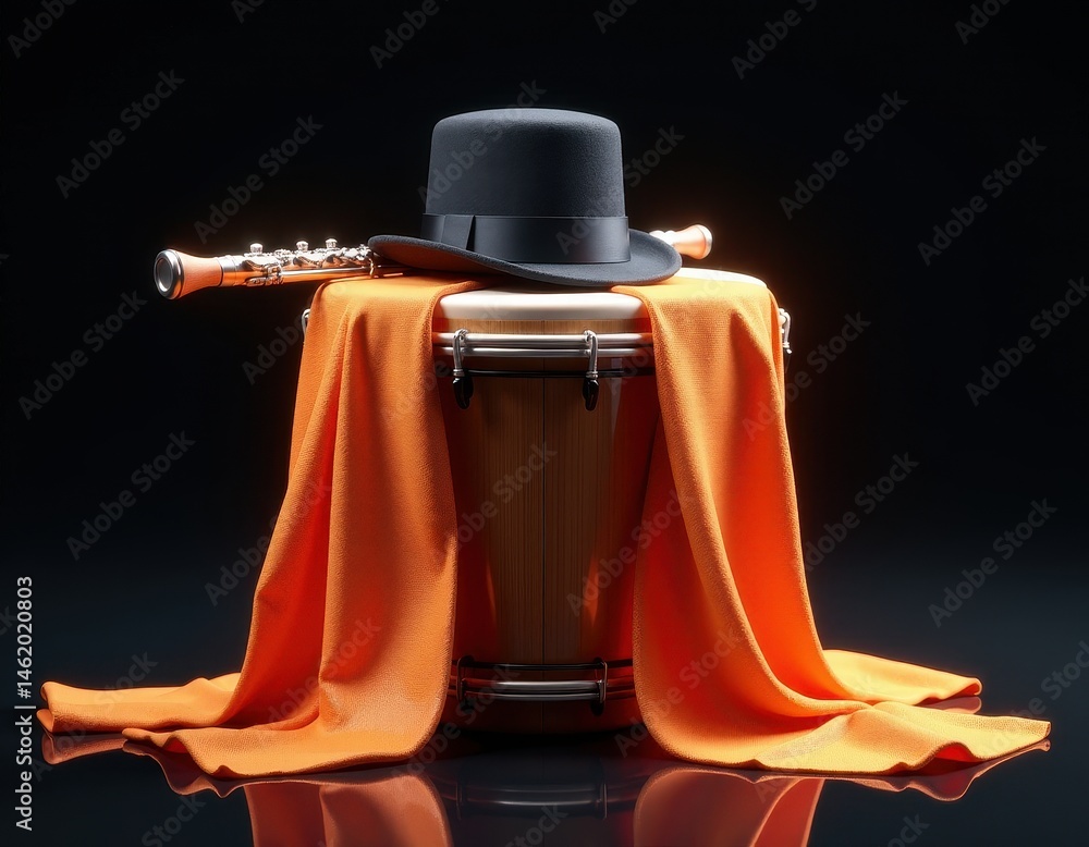Stylish Black Hat, Orange Fabric, and Musical Instruments on a Drum