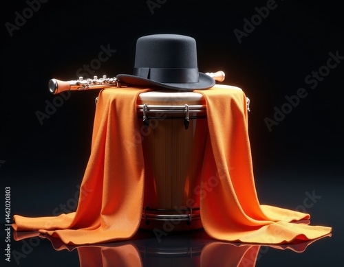 Stylish Black Hat, Orange Fabric, and Musical Instruments on a Drum