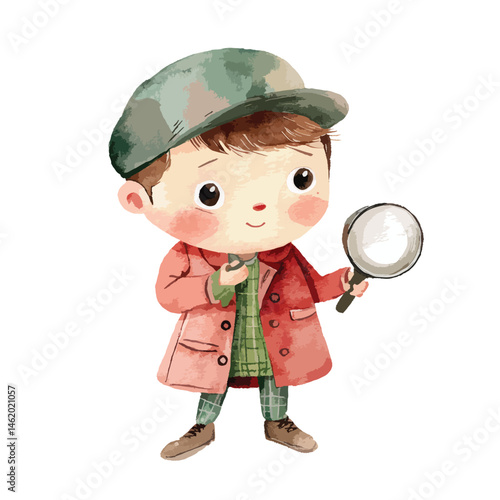 watercolor illustration of boy Detective clipart isolated