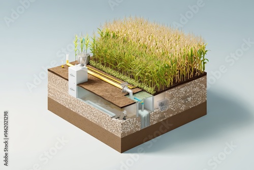 Cutaway view showing carbon stored beneath farmland, with crops above, highlighting sustainable agriculture practices