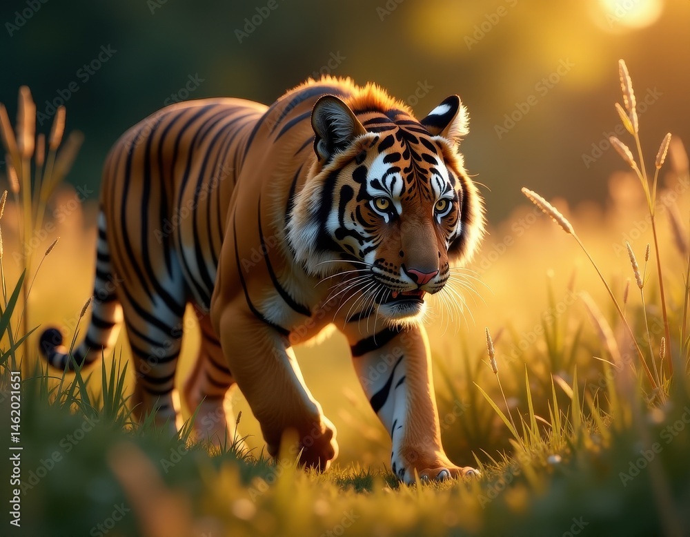 Majestic Tiger Walking in Golden Sunset Light.