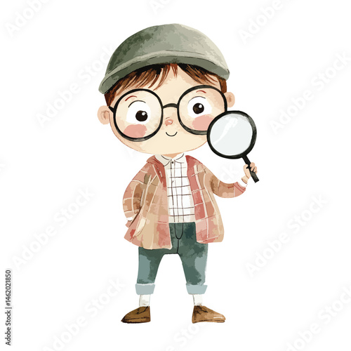 watercolor illustration of boy Detective clipart isolated