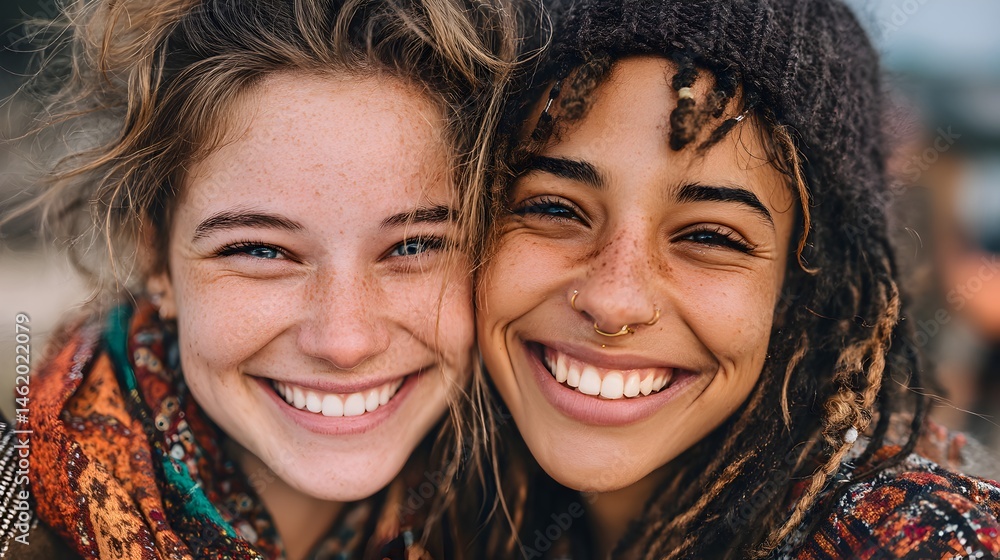 Two happy young women with diverse ethnicities embrace and smile brightly for a close-up portrait showing genuine friendship. Two happy young women with diverse ethnicities embrace and smile brightly for a close-up portrait showing genuine friendship.