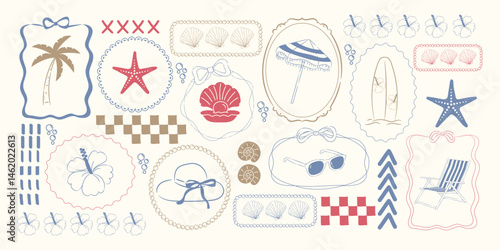 Vintage summer set of doodle hand drawn objects. Vintage summer symbols. Vacations, tourism, logo, frame, divider, icon.	