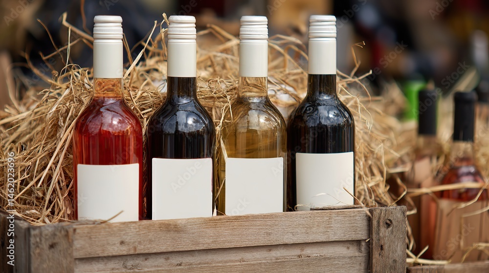 Naklejka premium Close-up of wine bottles in a wooden crate with a white label on a straw canvas rack. Elegant label design for red, white, yellow, orange, green, pink and purple wines.