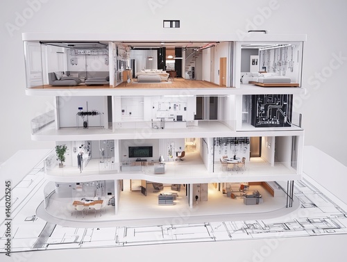 Architectural model of a modern multi-story building showcasing interior design. The model is cutaway revealing rooms with minimalist furniture and a bright atmosphere.