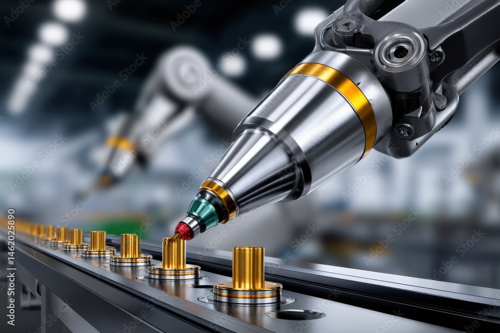 A modern robotic arm meticulously performing a precision manufacturing task, applying sealant or adhesive to a series of gold-colored components on a production line. A modern robotic arm meticulously performing a precision manufacturing task, applying sealant or adhesive to a series of gold-colored components on a production line.