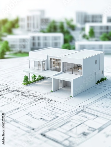 Fototapeta Naklejka Na Ścianę i Meble -  Architectural model of a modern house on a blueprint surrounded by similar structures and greenery. Bright daylight emphasizes the architectural details and design.