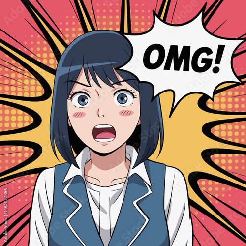 Shocked Anime Girl with Comic Speech Bubble Saying OMG
