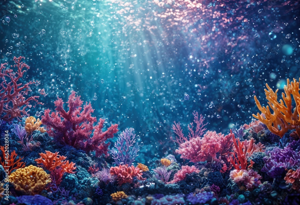 Obraz premium a vibrant underwater scene showcasing colorful coral reefs bathed in shimmering sunlight and filled with countless bubbles.