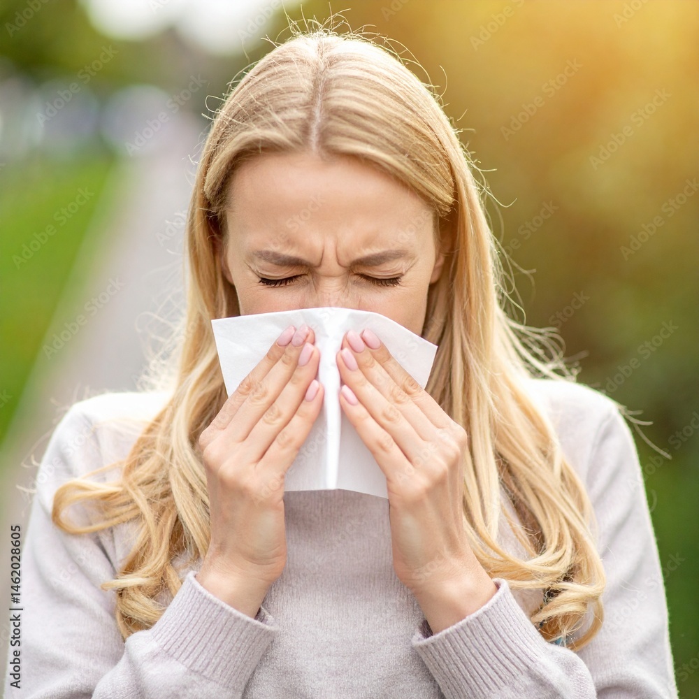 Woman Sneezing in a White Handkerchief or Tissue - Symptoms of being Ill or Sick - Bacteria and Sinus Infection - Influenza, Flu, Covid, Common Cold, Germs, Hay Fever, Unwell, Runny Nose, Allergy Woman Sneezing in a White Handkerchief or Tissue - Symptoms of being Ill or Sick - Bacteria and Sinus Infection - Influenza, Flu, Covid, Common Cold, Germs, Hay Fever, Unwell, Runny Nose, Allergy