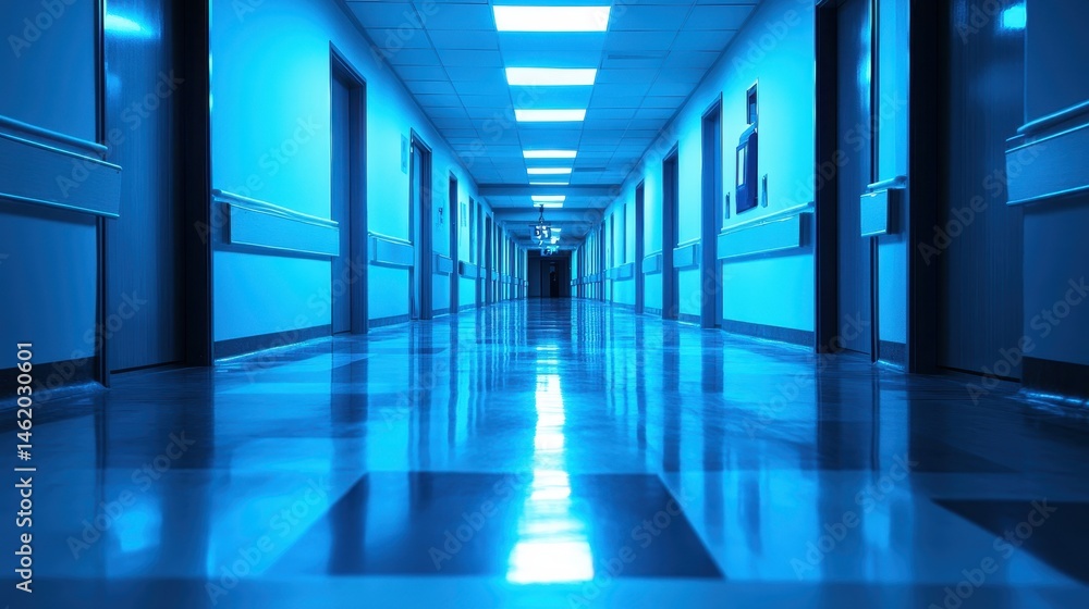 Deep Blue Hallway with Reflection on Glossy Floor in Modern Building Deep Blue Hallway with Reflection on Glossy Floor in Modern Building