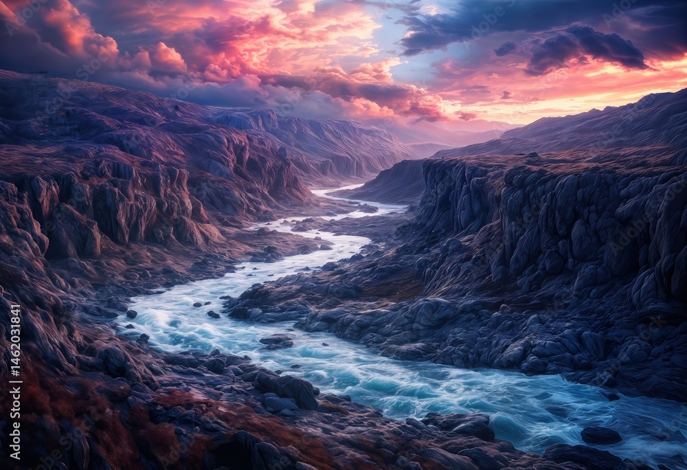 Fototapeta premium a winding turquoise river carves through a dramatic, shadowed canyon under a vibrant, fiery sunset sky.
