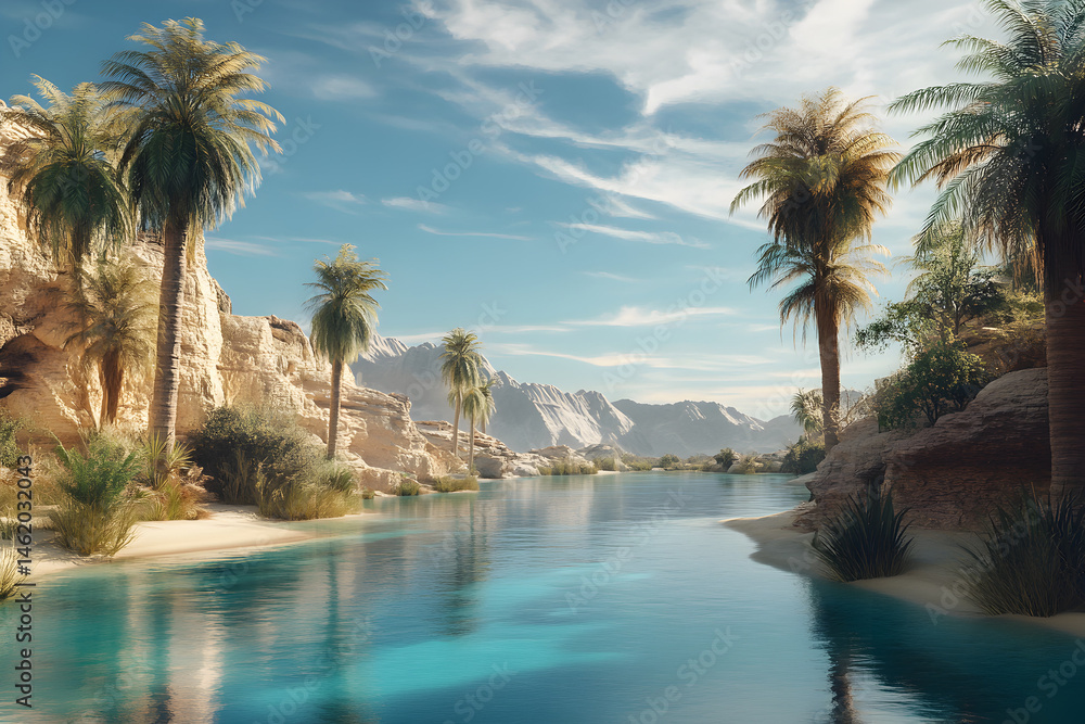 Fototapeta premium Scenic oasis valley with palm trees and clear river.