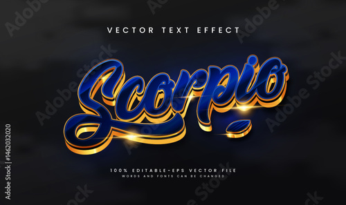 Stylish 3D text effect of the word 'Scorpio' in blue and gold.  Editable vector file.