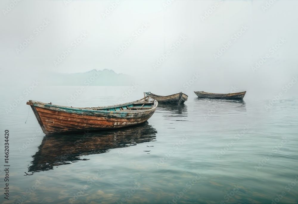 weathered wooden boats drift serenely on a calm, misty lake with a distant island barely visible through the haze. weathered wooden boats drift serenely on a calm, misty lake with a distant island barely visible through the haze.