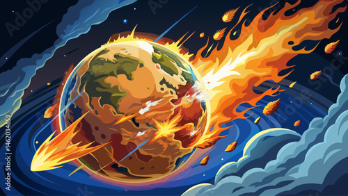 Planet Earth: A Dramatic Collision: A fiery asteroid impact on Earth, captured in a breathtaking, photorealistic illustration. The scene evokes both awe and trepidation, highlighting the fragility