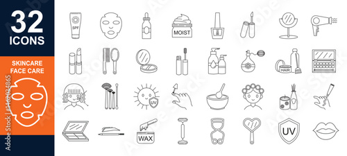 Skin care make up  line icons set. Moisture cream,  serum, lipstick, mascara, eyebrow, eyeshadow collagen, retinol, sunscreen vector illustration. Editable Stroke