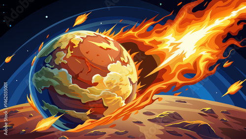 Planet Earth: A Dramatic Collision: A fiery asteroid impact on Earth, captured in a breathtaking, photorealistic illustration. The scene evokes both awe and trepidation, highlighting the fragility