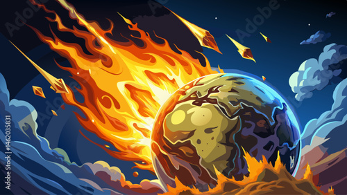 Planet Earth: A Dramatic Collision: A fiery asteroid impact on Earth, captured in a breathtaking, photorealistic illustration. The scene evokes both awe and trepidation, highlighting the fragility