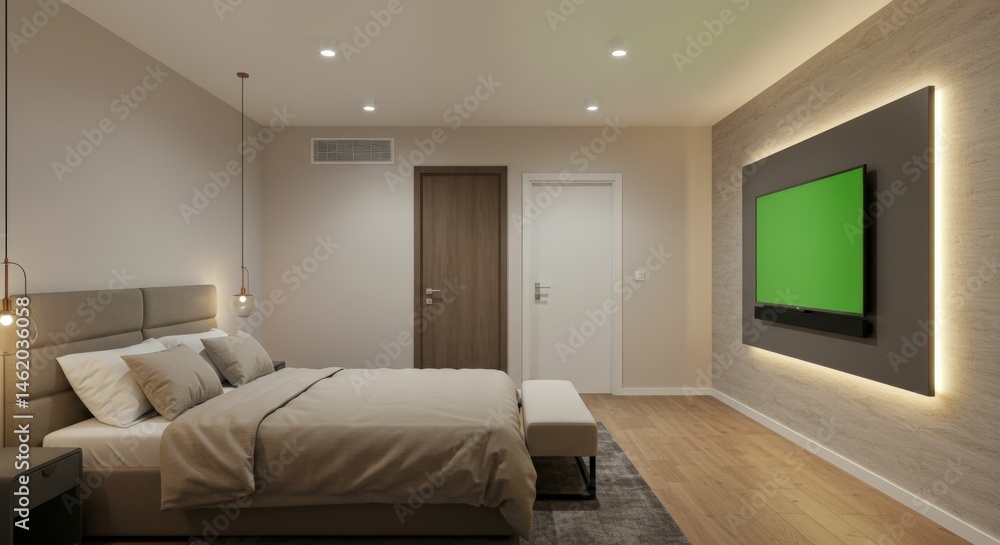Fototapeta premium Modern Bedroom with Wall-Mounted TV