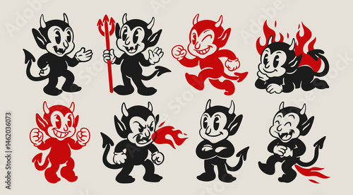 Cute little Devils set. Funny black, red characters with fire, flame, trident. Different poses. Hand drawn Vector illustration. Halloween, retro, vintage, cartoon mascot concept. Isolated elements