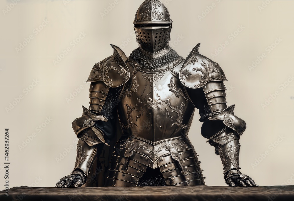 an ornate and elaborately decorated suit of fifteenth-century german plate armor stands prominently against a neutral background. an ornate and elaborately decorated suit of fifteenth-century german plate armor stands prominently against a neutral background.