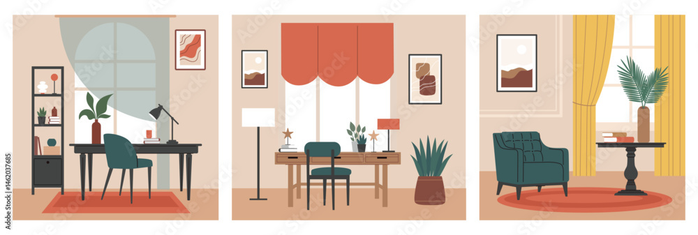 Fototapeta premium Interior design,home office,living room. A set of interiors. Flat vector illustration.