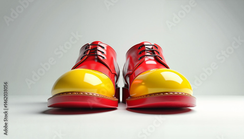  Red and yellow clown shoes on white background

